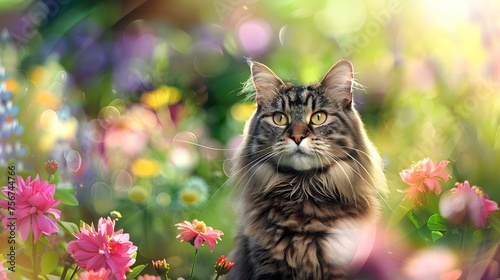 Ravishing hyper realistic portrait of happy norwegian forest cat in natural outdoor lush with flower in background as concept of modern domestic pet