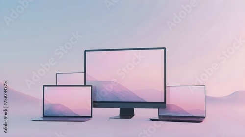 Realistic set of monitor, laptop, smartphone. 3d devise mockup set vector. Realistic screen layout  photo