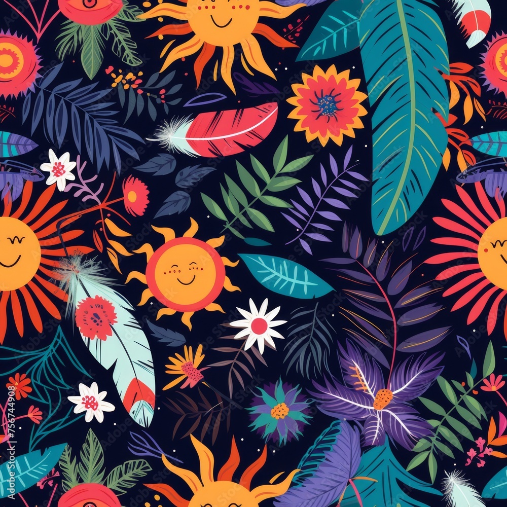 A playful, seamless pattern where smiling suns and bright flora meet to create an inviting, joyous tropical theme perfect for youthful and summer-inspired designs. A playful, seamless pattern where smiling suns and bright flora meet to create an inviting, joyous tropical theme perfect for youthful and summer-inspired designs.