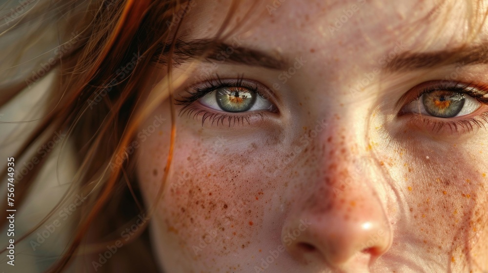 Close up portrait of a woman with freckles. Suitable for beauty and skincare concepts