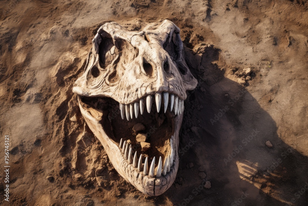 Fototapeta premium T-rex dinosaur skull in the ground, close-up view. Dino prehistoric fossil skeleton