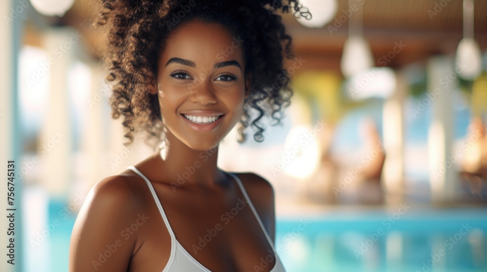 Face portrait of a black beauty model woman in a swimming pool
