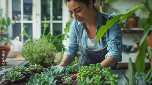 Green Serenity: Woman Lovingly Tending to Her Plants in the Comfort of Her Cozy Living Room