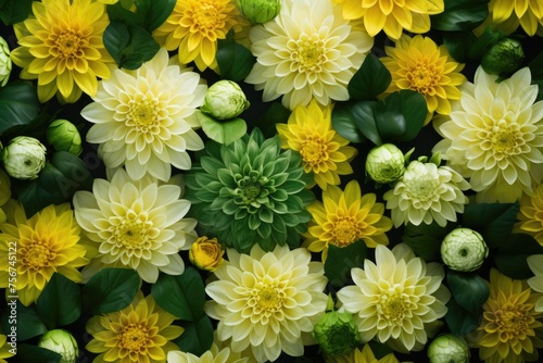 Bouquet of white yellow, and green chrysanthemum flowers, close-up top view. Chrysanthemum background, 