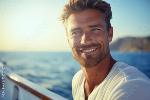 Handsome american bachelor face portrait, blurred ocean background. Rich successful guy take a selfie at summer vacation on the own yacht