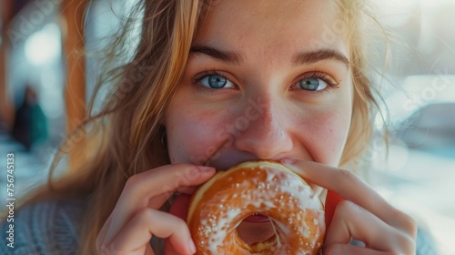 A woman enjoying a delicious iced doughnut. Perfect for food and snack concepts