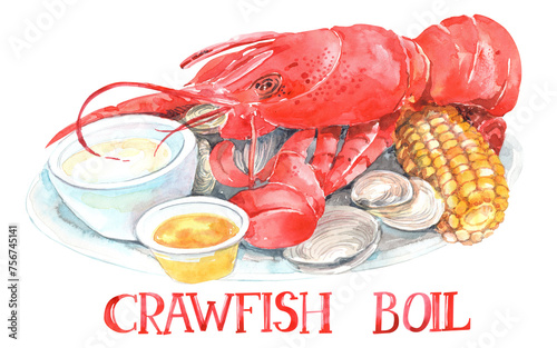 Seafood Crawfish Boil, Louisiana clipart, Shrimps, Fish, Squid Kitchen Illustration, printable poster. Isolated element on a white background. Hand painted in watercolor.