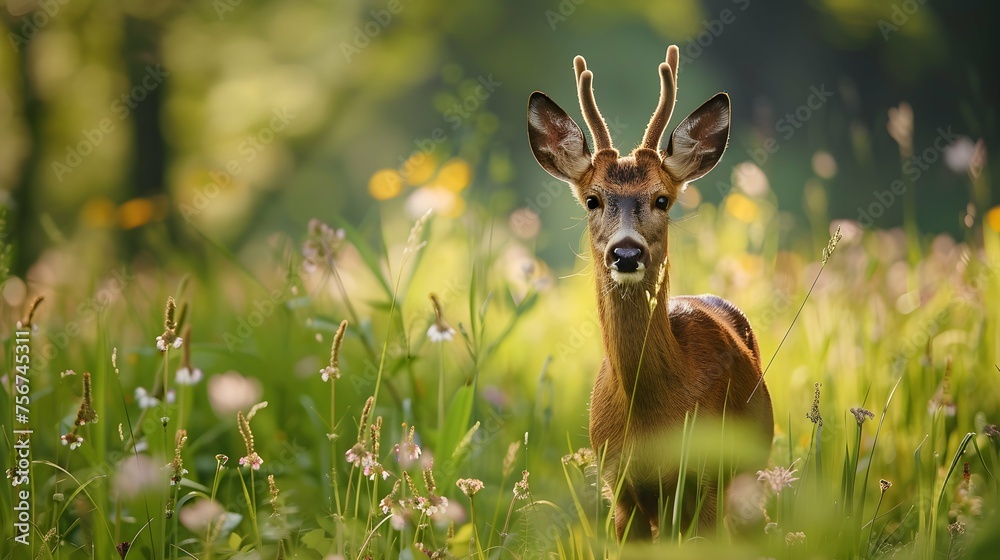 Fototapeta premium Buck capreolus capreolus in the summertime on a flower filled grassland. The Roebuck at dusk. Wild animal in its native habitat.