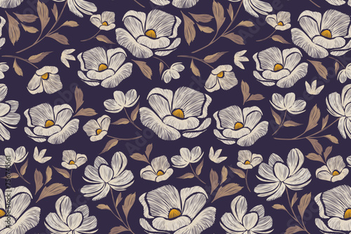 Rose floral pattern seamless on dark background. Batik vintage wild rose flower motifs embroidery hand draw ikat design. Vector illustration