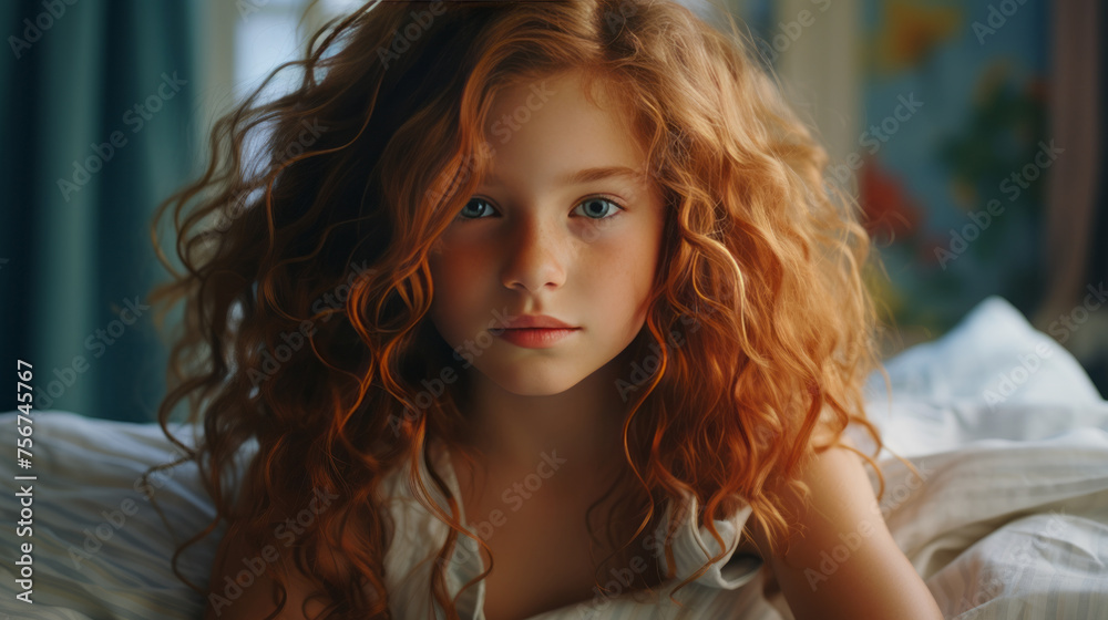 Close-up of a beautiful red-haired teenage girl just woke up in her bed in a cozy beautiful room. Daily routine of a teenager, beginning of the day Close-up of a beautiful red-haired teenage girl just woke up in her bed in a cozy beautiful room. Daily routine of a teenager, beginning of the day