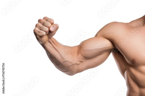 Bodybuilder show strong biceps, close-up view isolated on white background. Strongman show clenched fist. Male sport hand close up