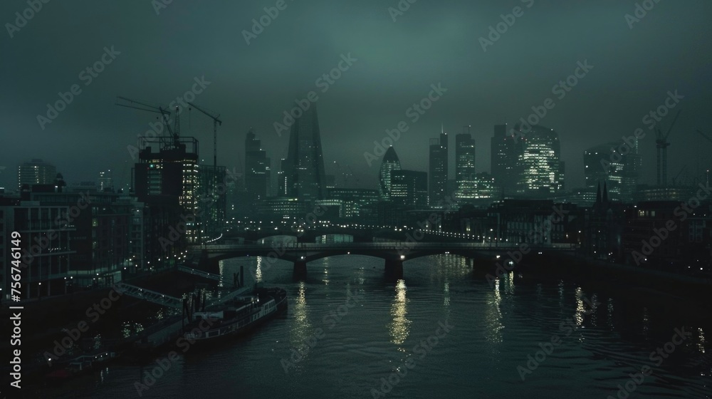 Urban cityscape at night with a bridge over a river. Suitable for cityscape, travel, and urban exploration concepts