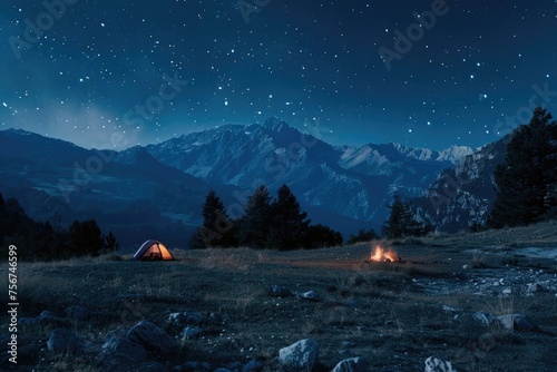 A campfire in a field with a mountain backdrop. Suitable for outdoor and camping themes