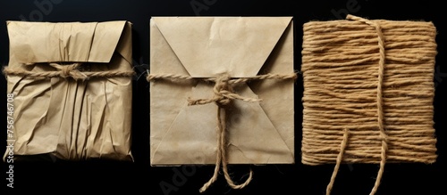 Three envelopes wrapped in woodpatterned paper and tied with metal ropes on a black background, featuring religious symbols like a cross and triangle photo