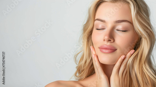 Linda mulher loira com pele saudável olha para a câmera e toca o rosto com suas mãos maquiagem natural de uma jovem modelo bonita em um fundo de estúdio 