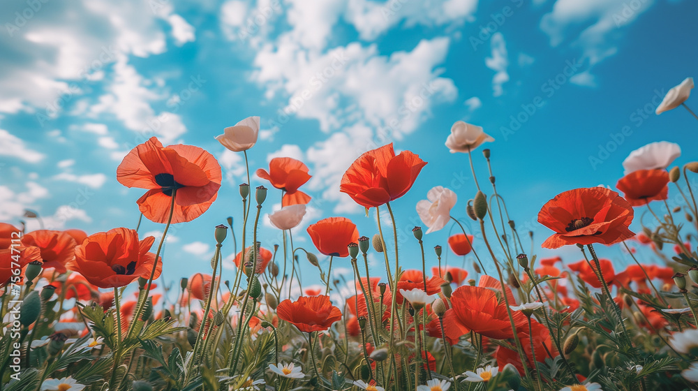 Fototapeta premium Poppies meadow under blue sky, wallpaper