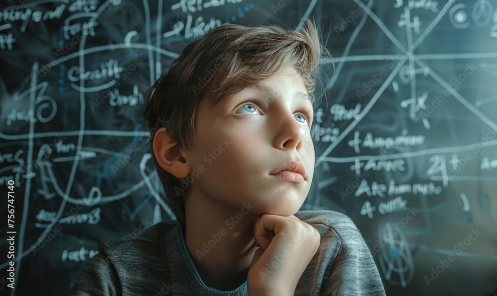 A thoughtful boy looking at math problems on a blackboard A thoughtful boy looking at math problems on a blackboard