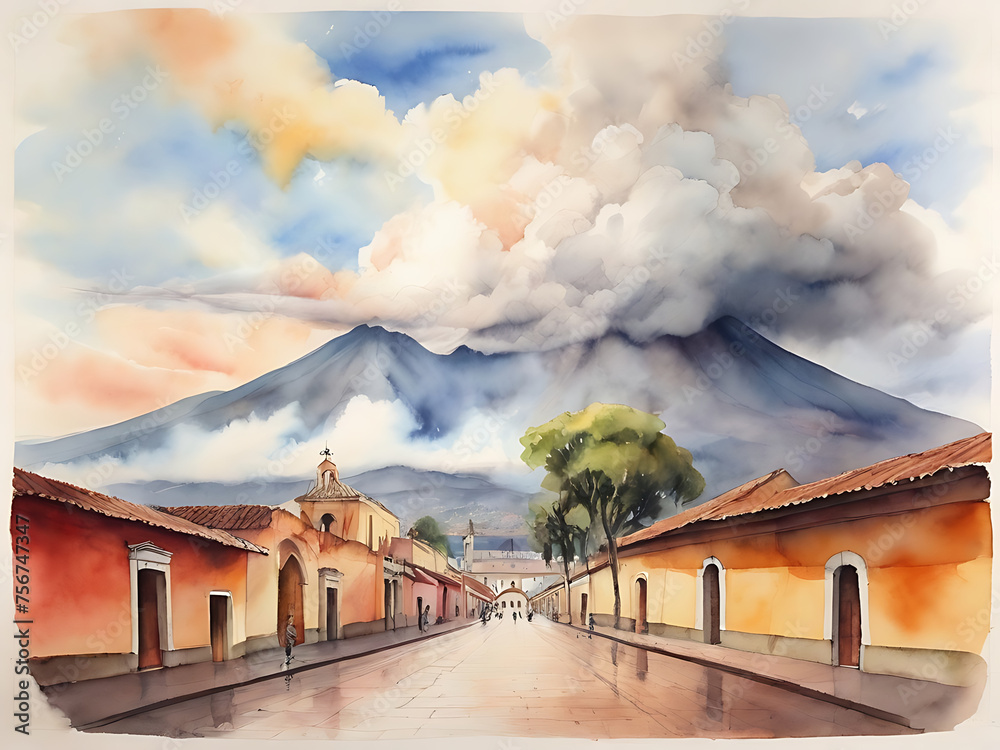 Watercolor Vista: Ancient Volcano of Antigua, Guatemala - obrazy, fototapety, plakaty 