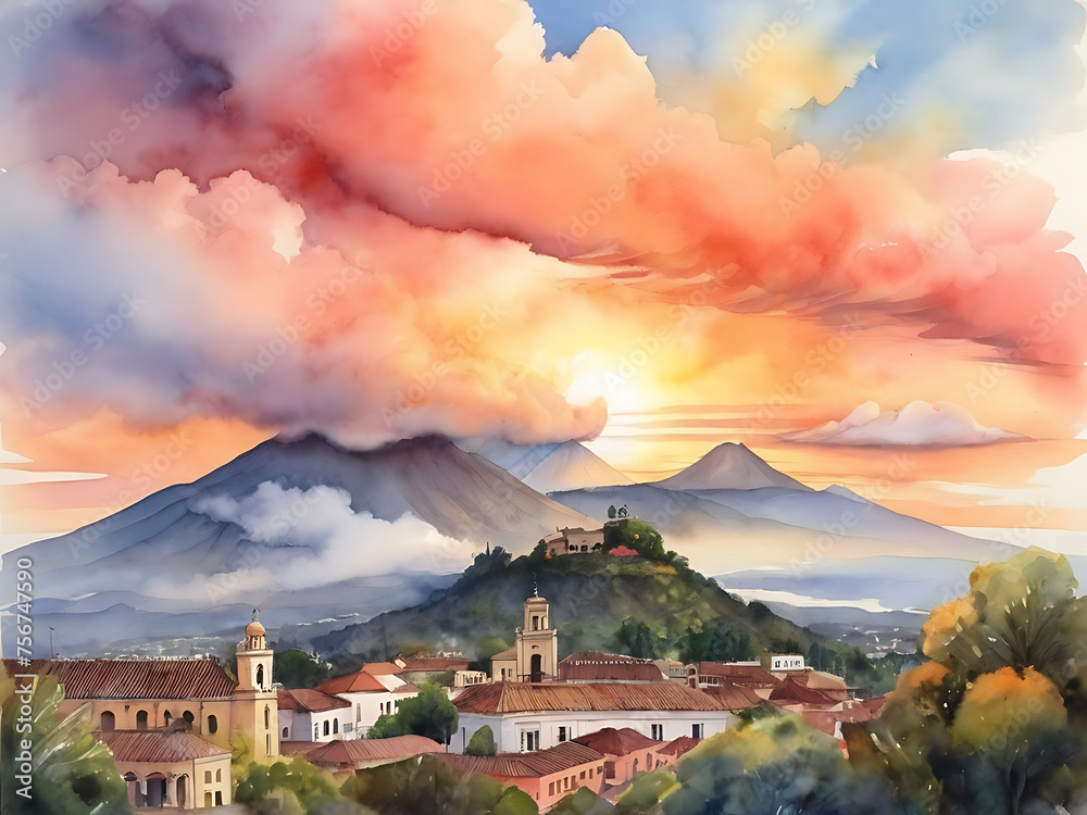 Impressionist Watercolor: Ancient Guatemalan Volcano - obrazy, fototapety, plakaty 