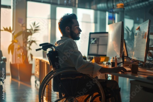 Man in wheelchair working on laptop, suitable for technology concepts