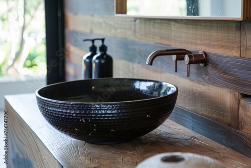 A black bowl sink is placed on top of a wooden counter.