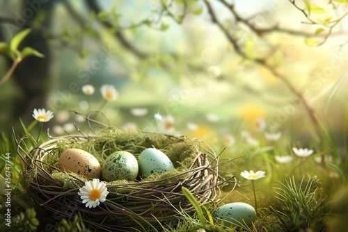 Illustration of decorated easter eggs on green grass with sunlights