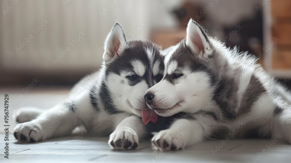 Siberian husky puppy lies on the floor at home. Empty space for text 
