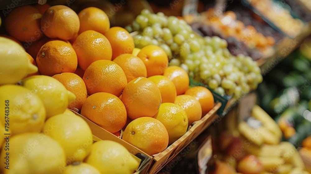 Fresh oranges and lemons in a vibrant display. Perfect for grocery store promotions
