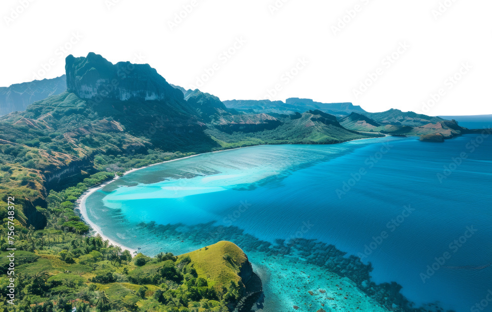 Serene tropical lagoon with azure waters and green cliffs, cut out - stock png.