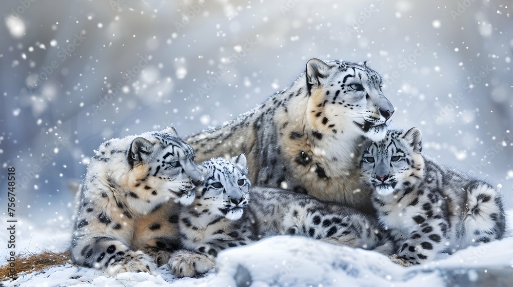 Fototapeta premium Snow leopard family with two cubs 
