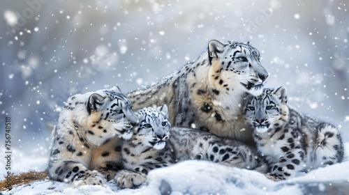Snow leopard family with two cubs 
