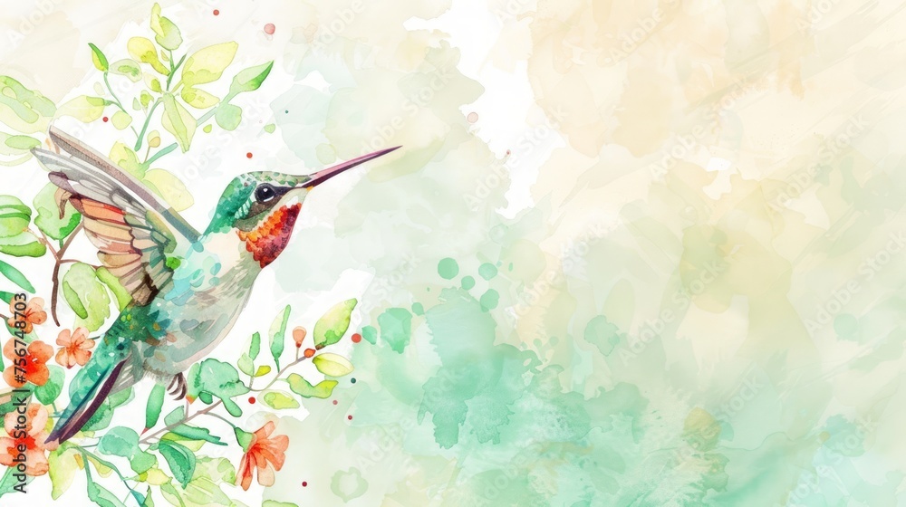 Watercolor Hummingbird and Florals Corner Border Background Generative AI