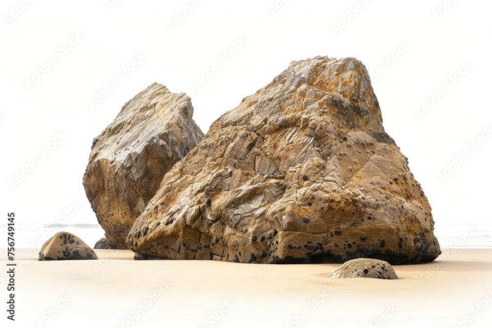 Couple of large rocks on sandy sandy beach, suitable for travel brochures - obrazy, fototapety, plakaty 