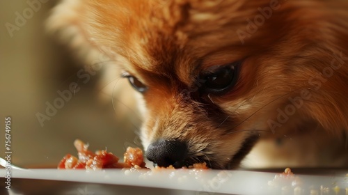 Spitz dog eats liver pate sausage