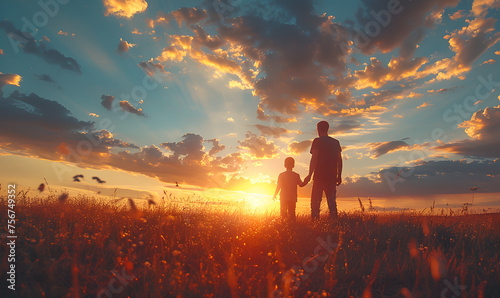 Silhouette of father and child holding hands in wildflower field at sunset, inspirational family concept. Design for poster, wallpaper. Silhouette scene with copy space © Ekaterina