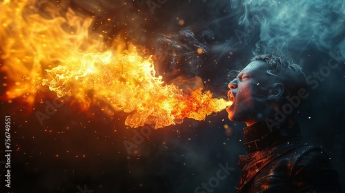2D Illustrate of A professional fire breather exhaling streams of fire with dramatic flair and precision in a mesmerizing fire performance.