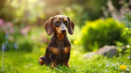 Standard smooth-haired dachshund in the garden