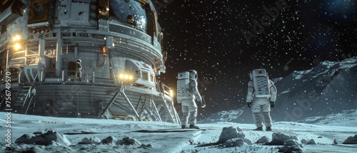 Fototapeta Naklejka Na Ścianę i Meble -  Astronauts working there is heavy snowfall at the lunar space station