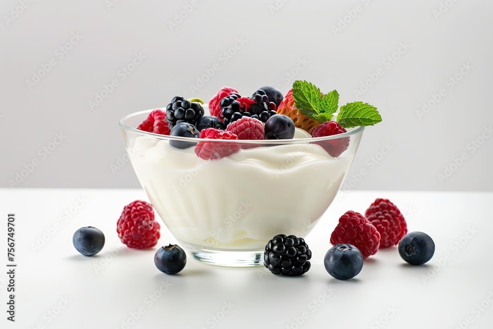 Bowl with fresh mixed berries and yogurt on white background Bowl with fresh mixed berries and yogurt on white background