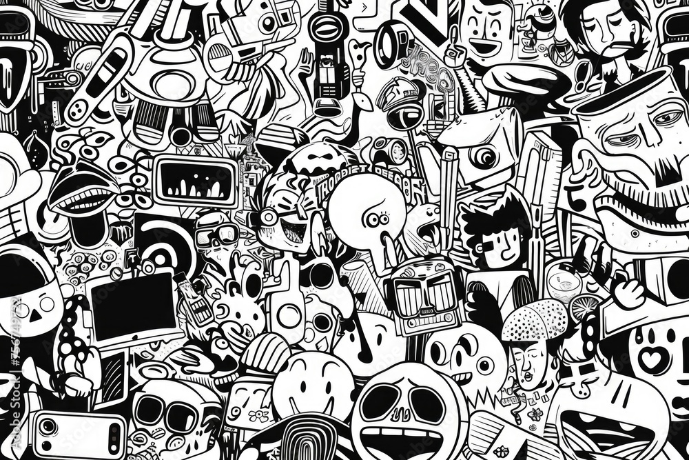 Black and white drawing of various cartoon characters. Suitable for various design projects