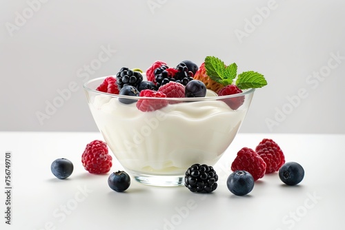 Bowl with fresh mixed berries and yogurt on white background