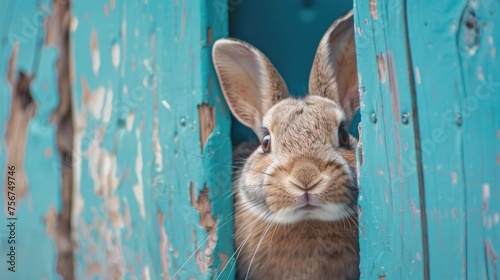 Cute rabbit peeking from behind a wooden fence, perfect for animal lovers and nature enthusiasts