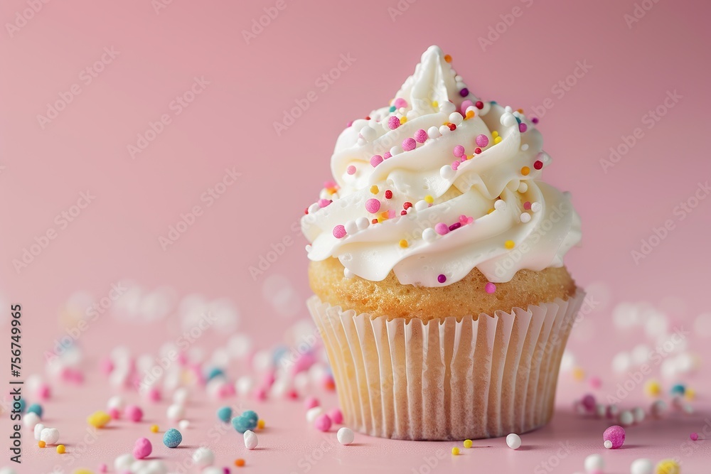 Tasty cupcake with butter cream and sprinkles on pink background Tasty cupcake with butter cream and sprinkles on pink background