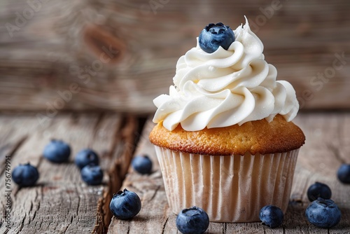 Tasty cupcake with butter cream and ripe blueberries on wooden table