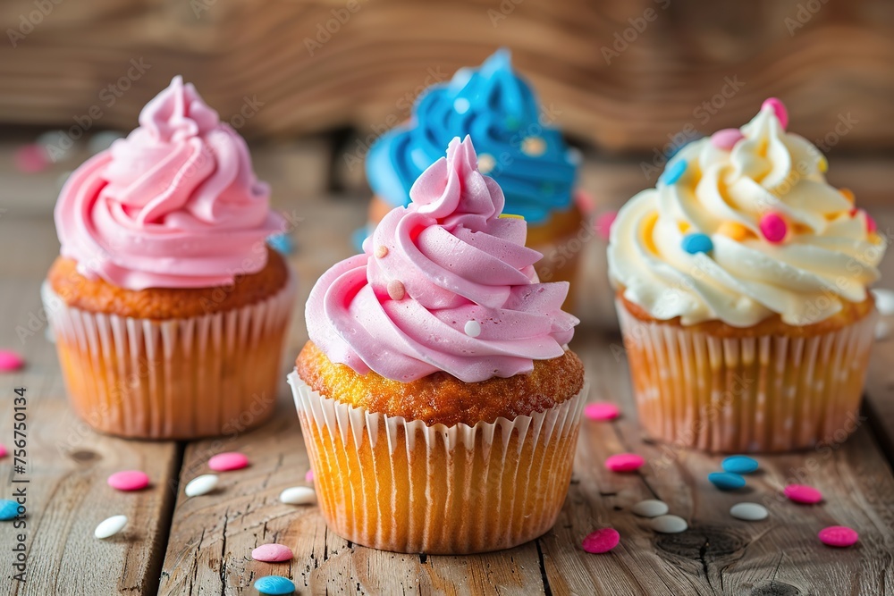 Tasty cupcakes with butter cream and sprinkles on wooden background