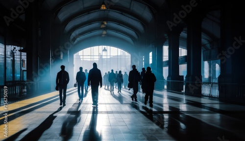 Group of people walking through large hall, only silhouettes visible against large backlit window. Generative AI © Lubo Ivanko