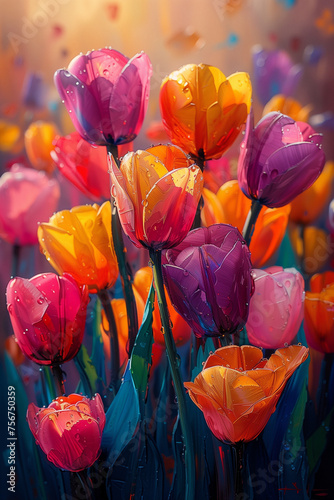 Yellow and red tulips in spring. AI generated art illustration.