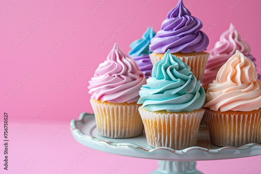 Tasty cupcakes with butter cream on cupcake stand