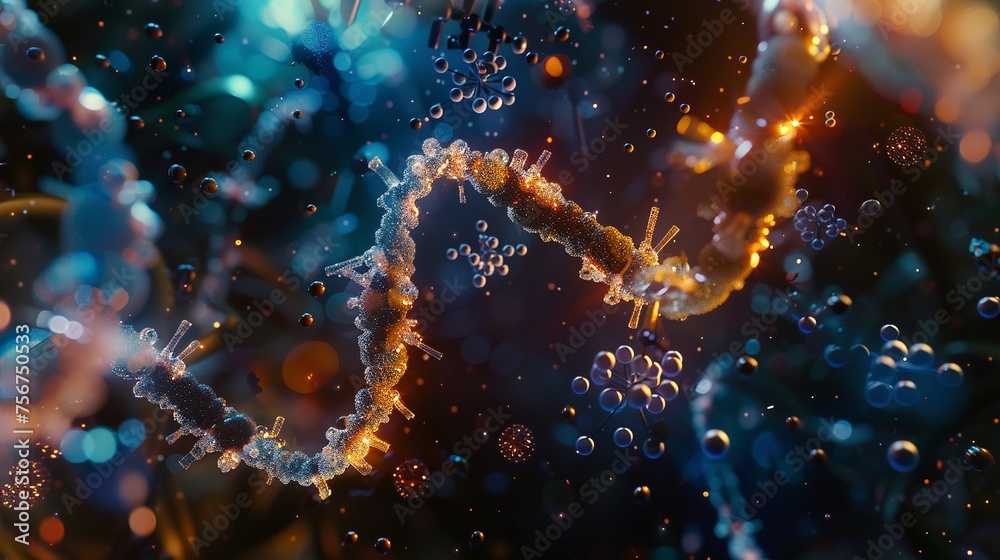A 3D illustration of a DNA helix experiencing a break surrounded by molecules or atoms - obrazy, fototapety, plakaty 