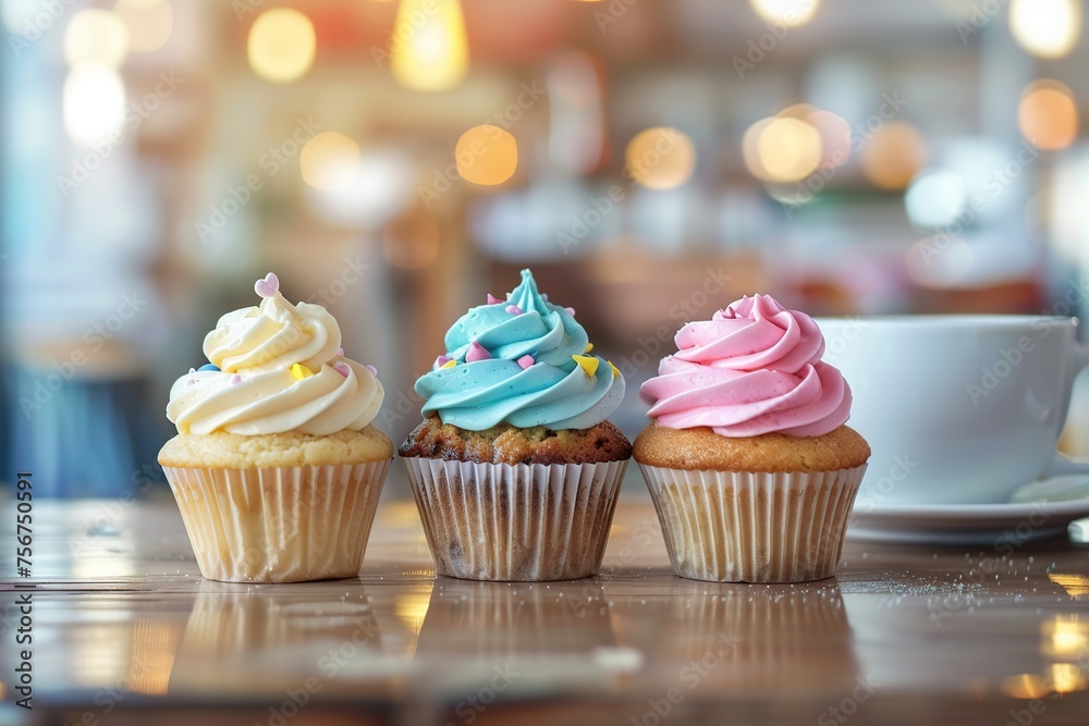 Tasty cupcakes with butter cream and sprinkles on table on blurred kitchen background